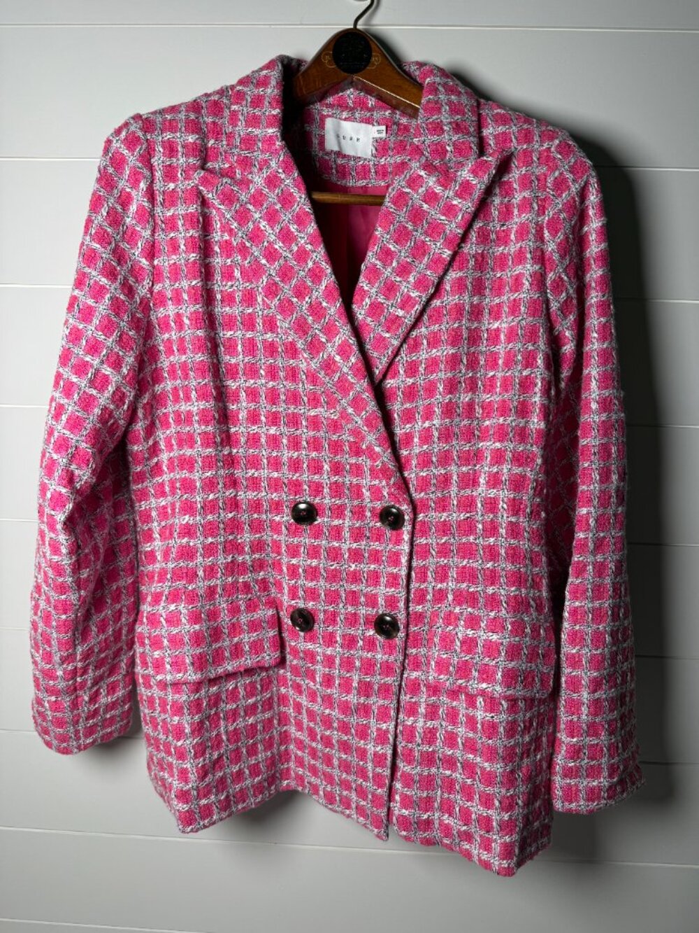 Lush Barbie Double Breasted Blazer Bright Pink/Black/White Grid Pattern Sz Large
